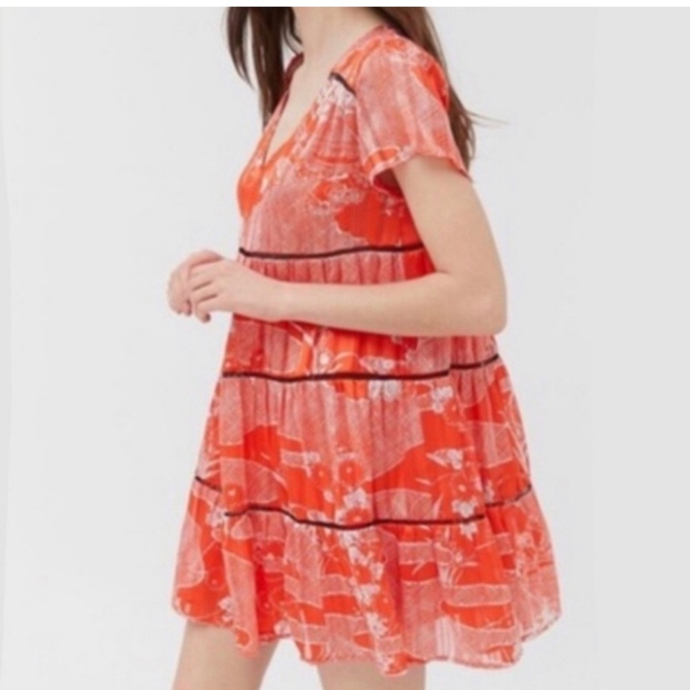 Urban Outfitters Dress Orange Floral Babydoll Dress Pippa Chiffon Babydoll Dress